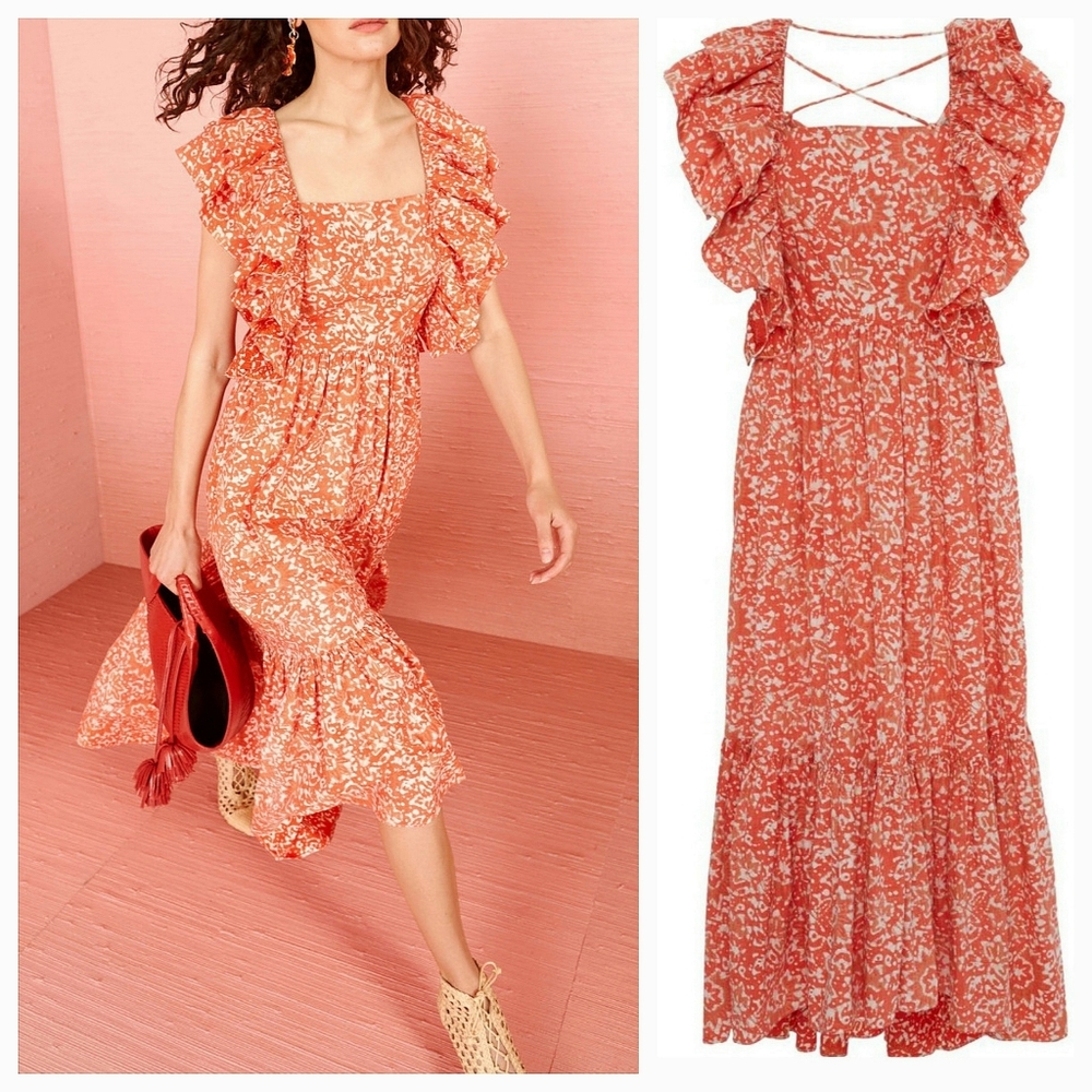 Ulla Johnson Freida Dress Coral Batik Lace Up Back Tiered Sz 0 retail $395